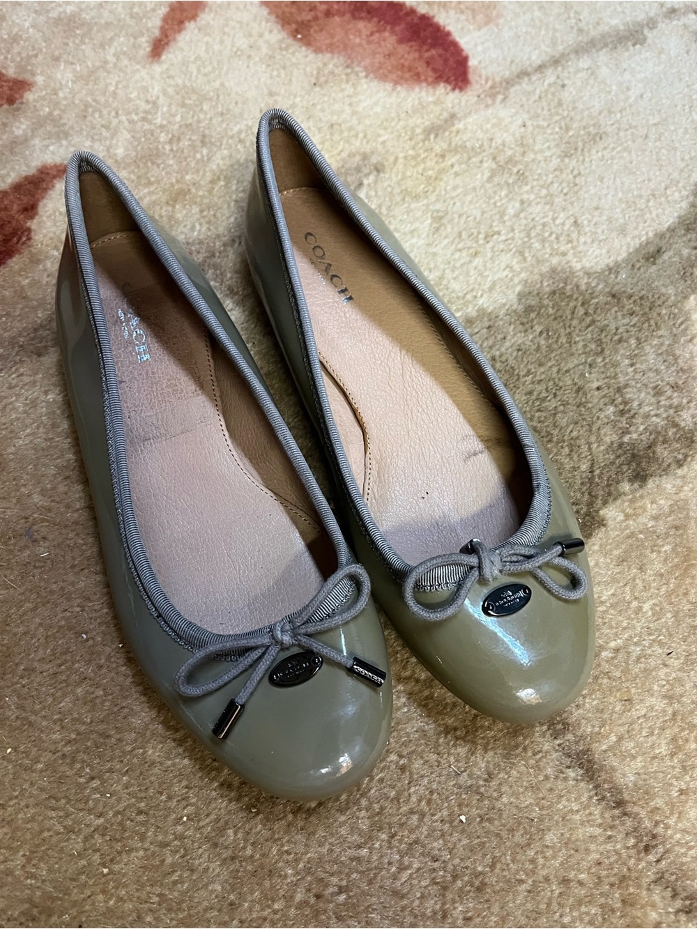 Coach Olive Green Patent Leather Bow Ballet Flats